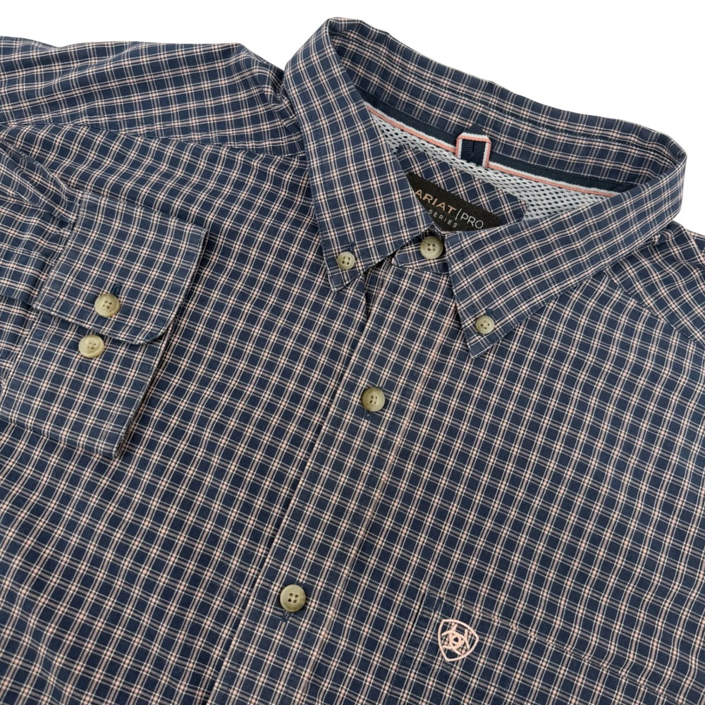 Ariat Pro Series Shirt Mens XL Navy Blue Plaid Long Sleeve Button Down Mesh Yoke
